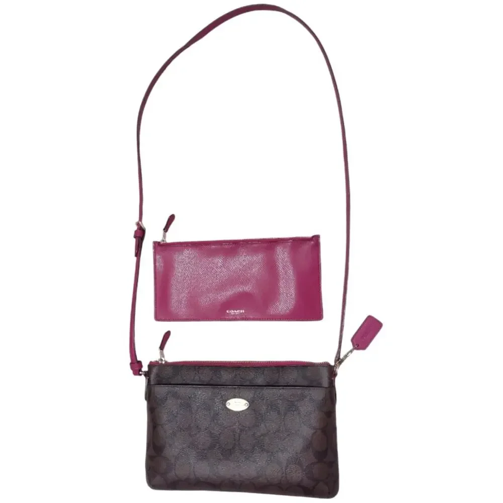 COACH East/West Pop Up Crossbody Dark Brown Fuchsia Contrast w/ Removeable Bag